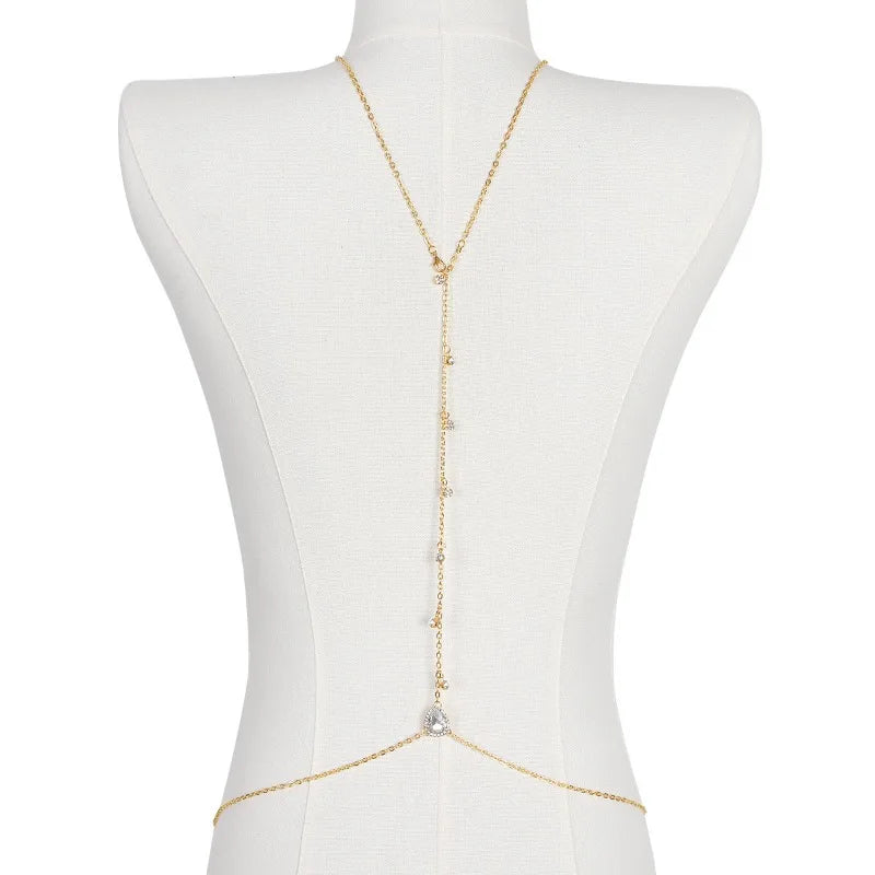 Bride Backless Rhinestone Waterdrop Body Chain Belly Waist Necklace for Women Mom Girlfriend Summer Beach Body Jewelry