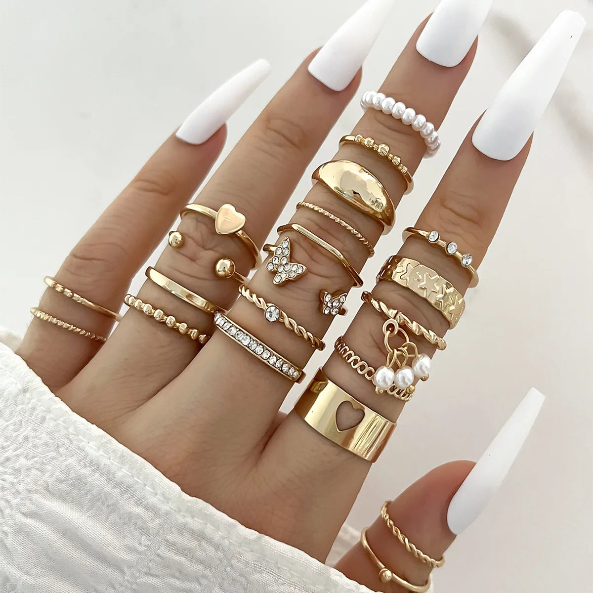 Fashion Simple Wave Joint Rings Set for Women Crystal Heart Shape Gold Silver Color Ring Female Party Jewelry