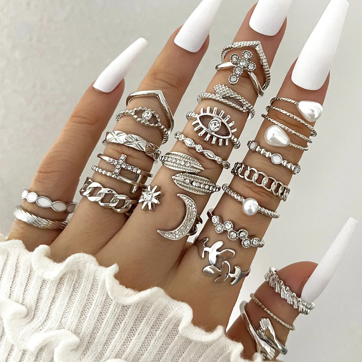 Fashion Simple Wave Joint Rings Set for Women Crystal Heart Shape Gold Silver Color Ring Female Party Jewelry