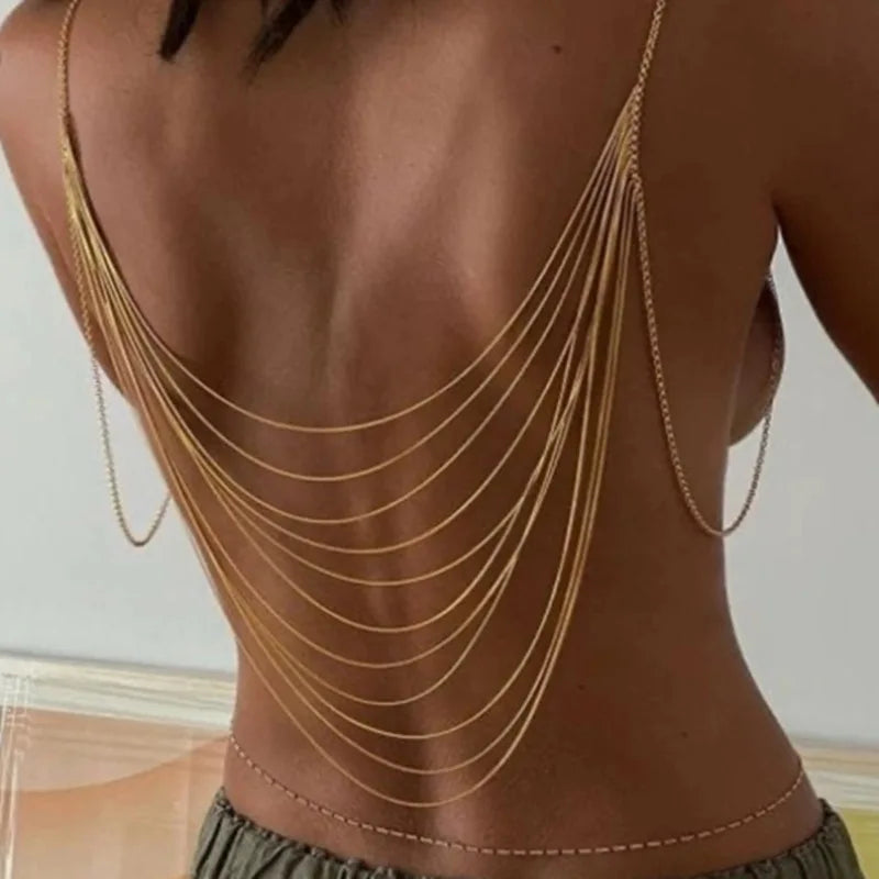 1Pc Multilayers Metal Bead Bra Chain Necklace Body Jewelry for Women Beach Bikini Decor Chest Body Chain Harness Accessories