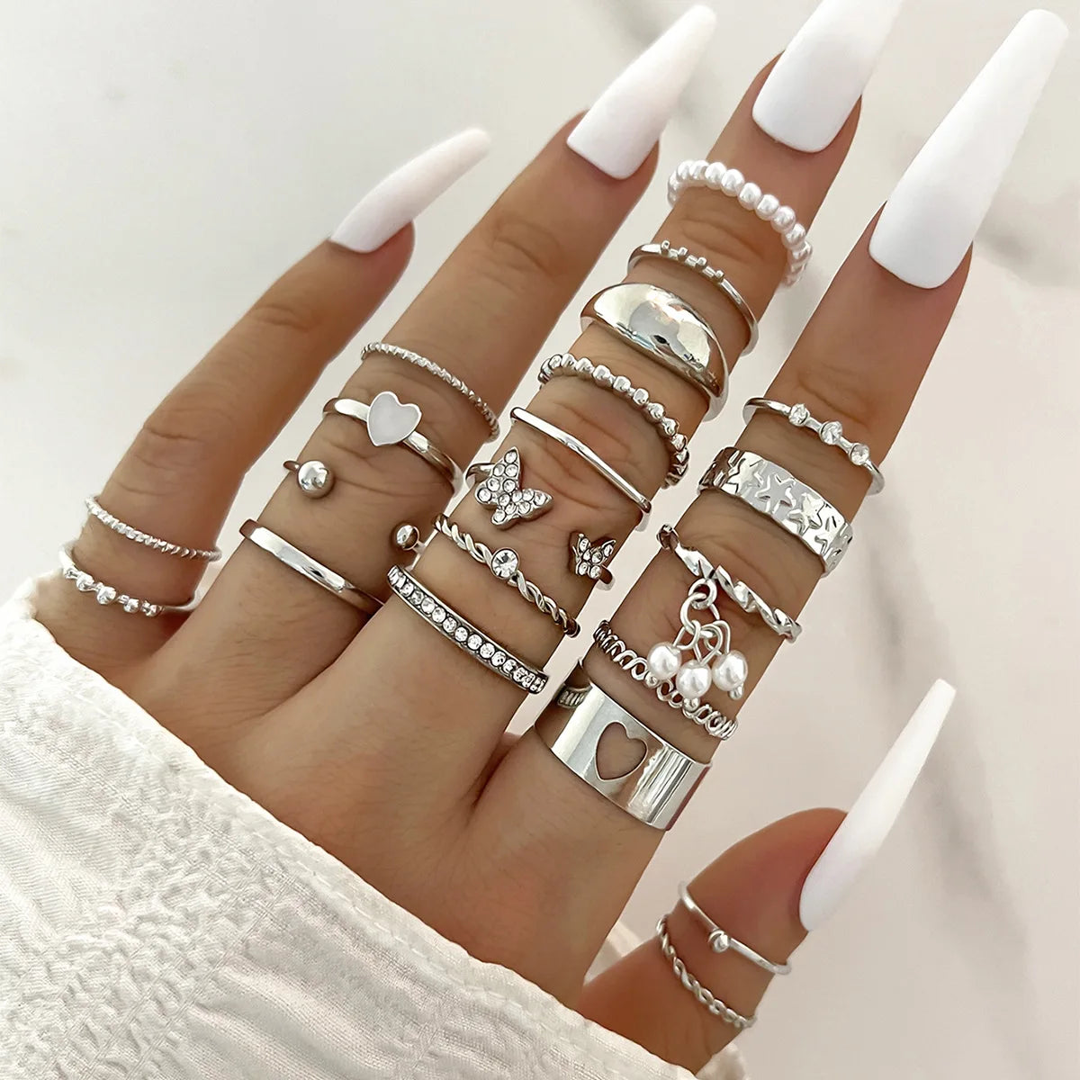 Fashion Simple Wave Joint Rings Set for Women Crystal Heart Shape Gold Silver Color Ring Female Party Jewelry