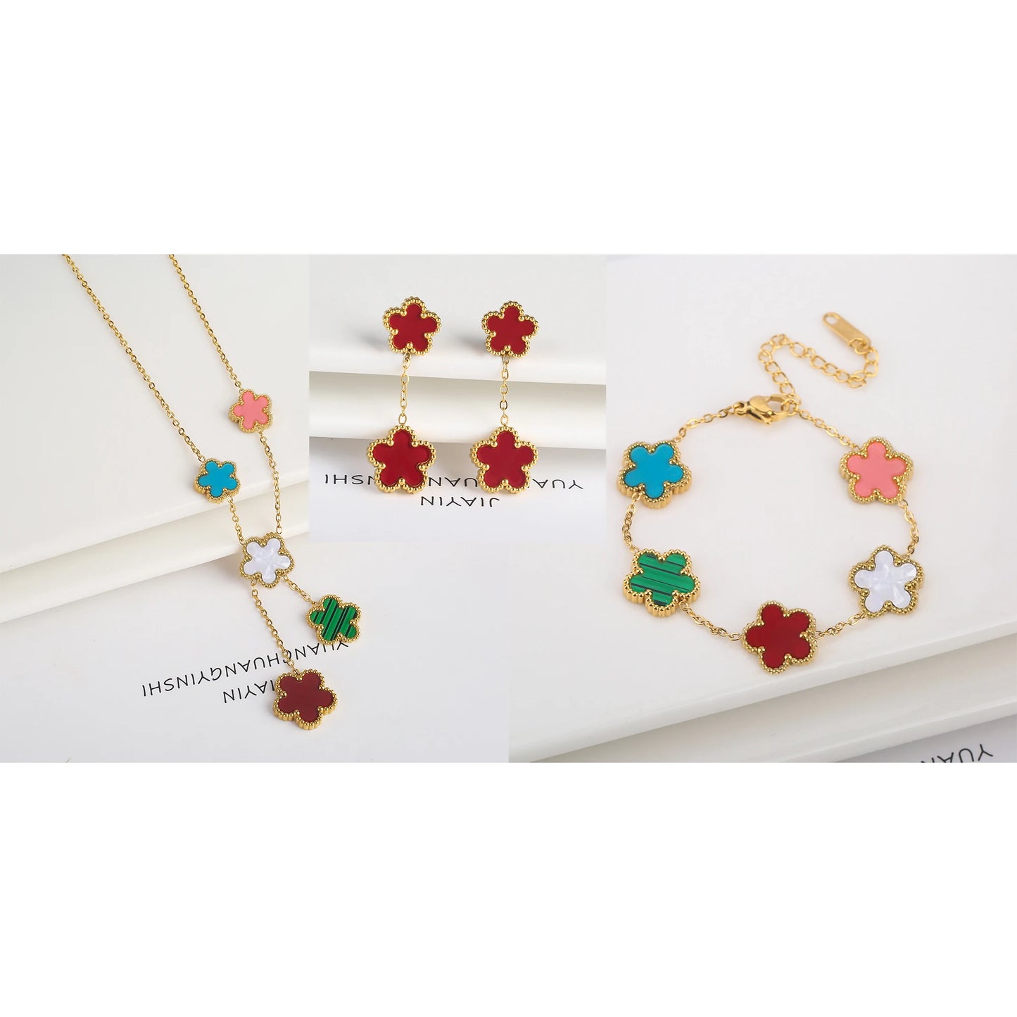 18K Gold-Plated Five-Leaf Flower Necklace Earrings Bracelet Jewelry Set for Woman Jewelry Clover