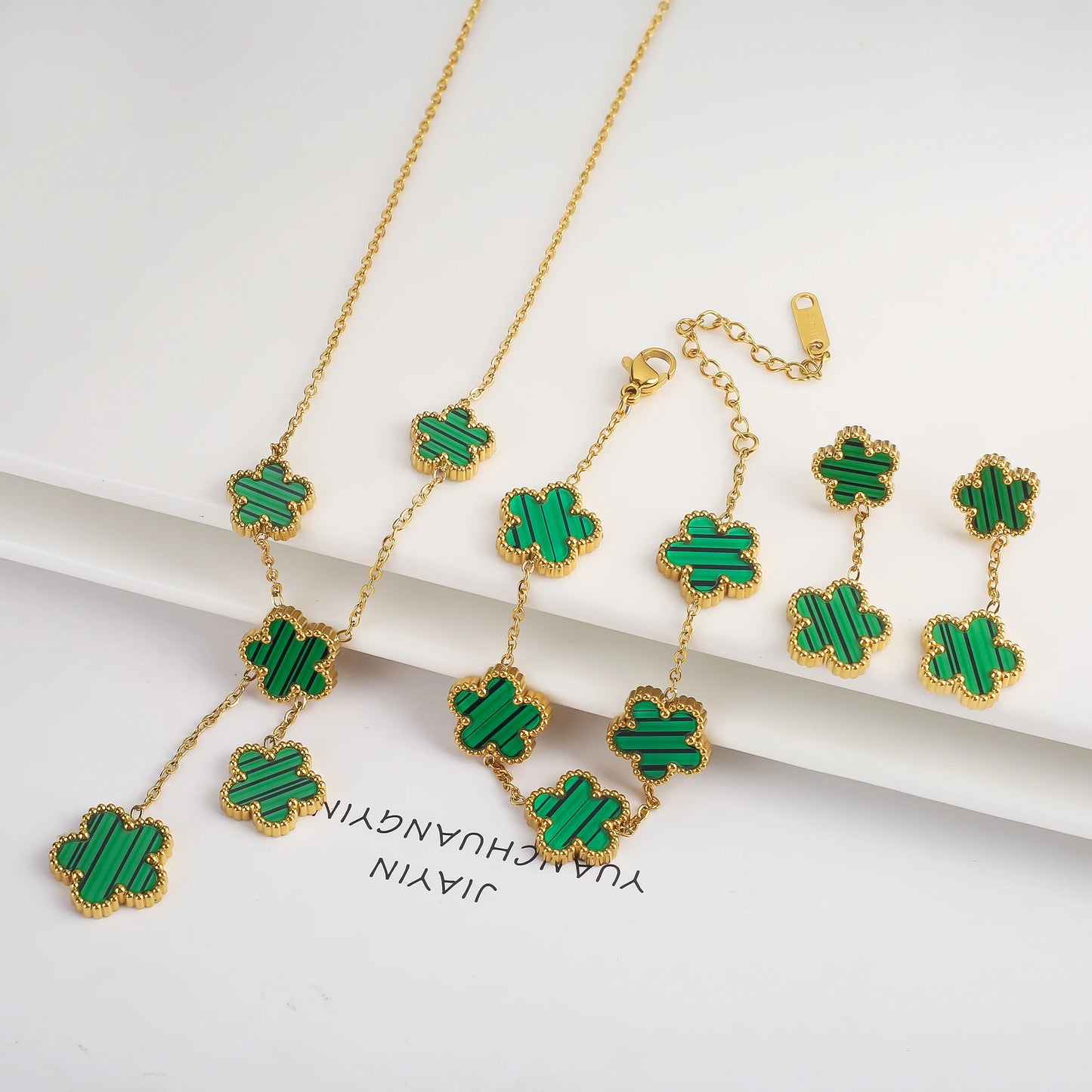 18K Gold-Plated Five-Leaf Flower Necklace Earrings Bracelet Jewelry Set for Woman Jewelry Clover
