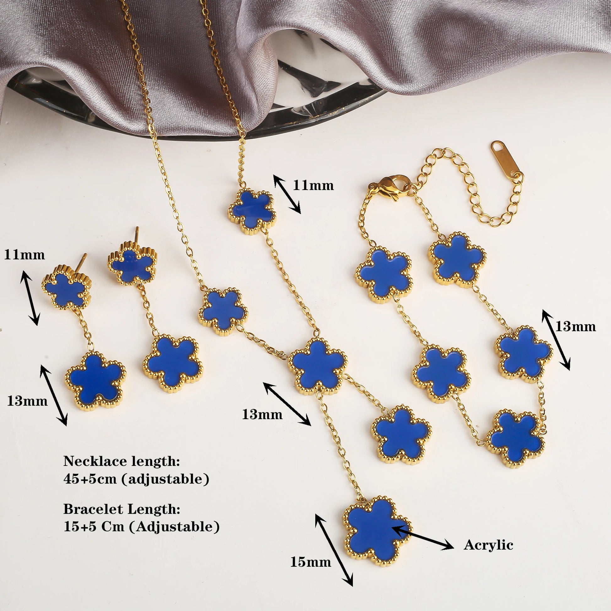 18K Gold-Plated Five-Leaf Flower Necklace Earrings Bracelet Jewelry Set for Woman Jewelry Clover