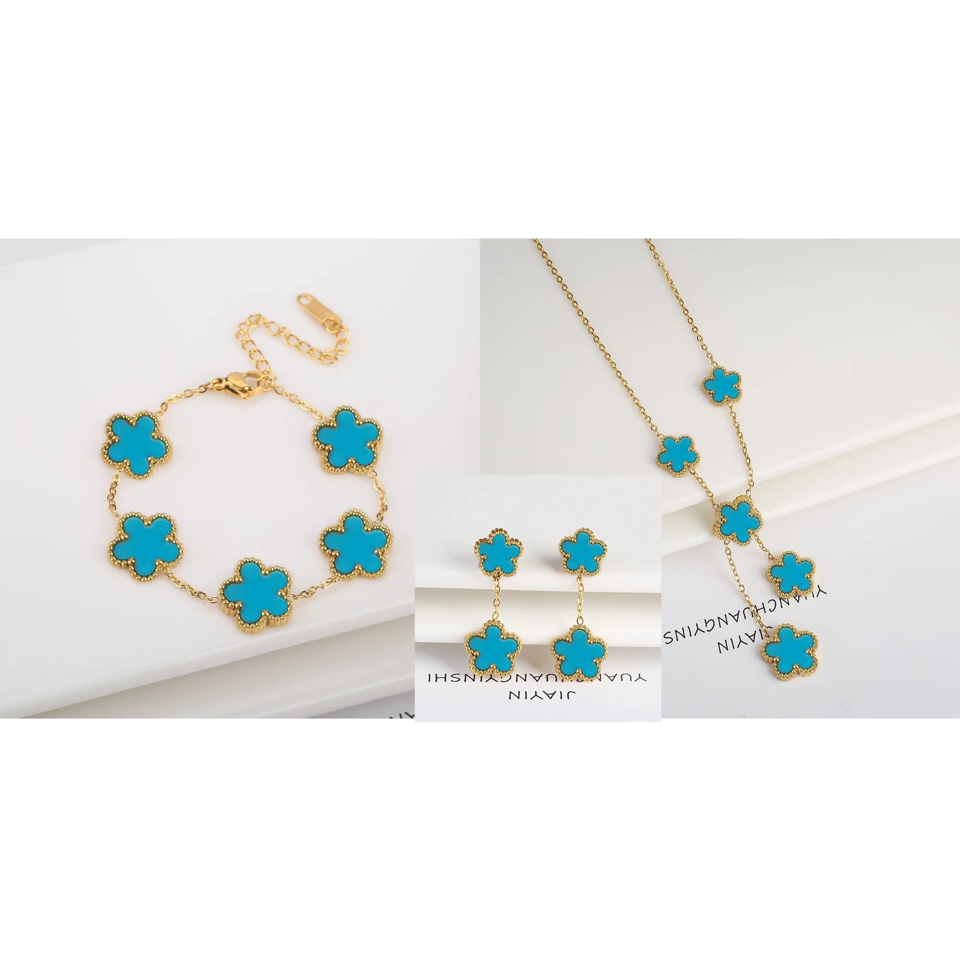 18K Gold-Plated Five-Leaf Flower Necklace Earrings Bracelet Jewelry Set for Woman Jewelry Clover