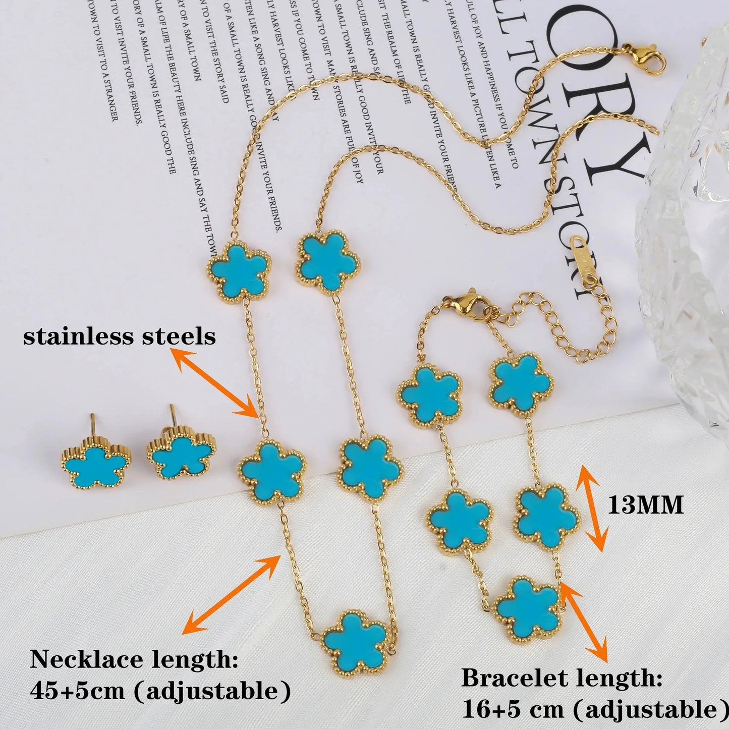 18K Gold-Plated Five-Leaf Flower Necklace Earrings Bracelet Jewelry Set for Woman Jewelry Clover
