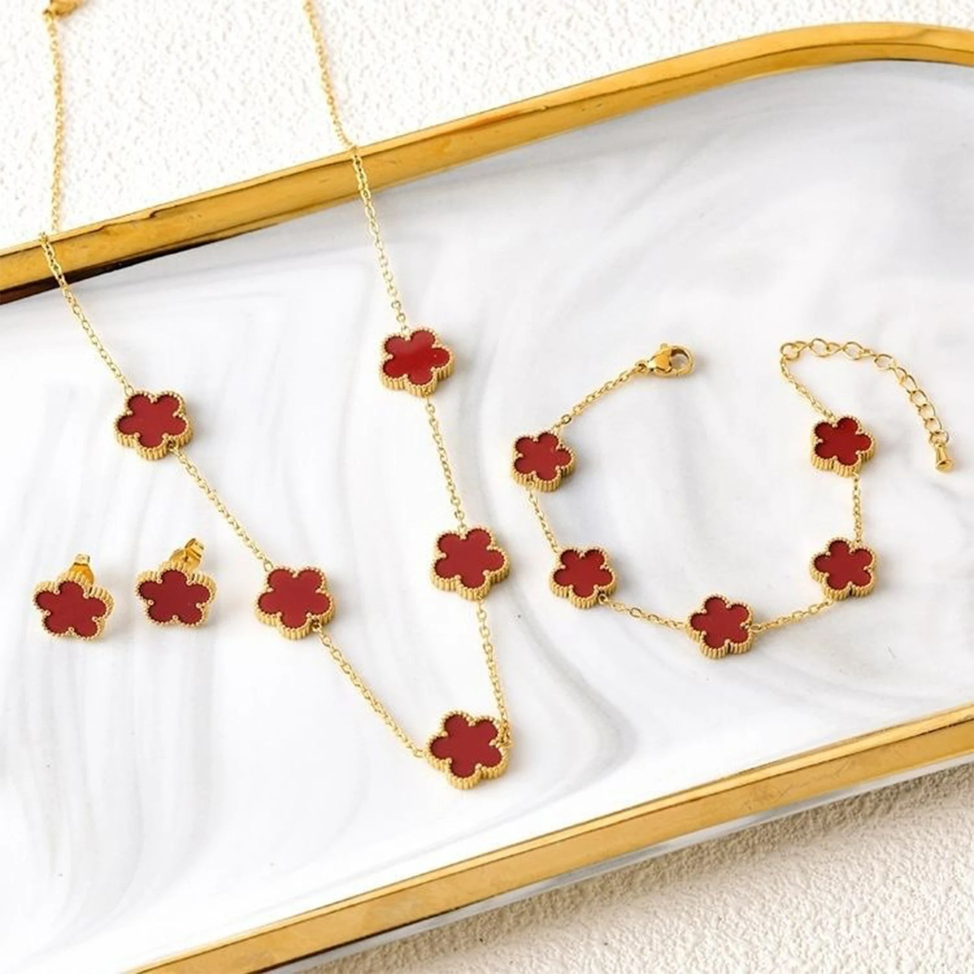 18K Gold-Plated Five-Leaf Flower Necklace Earrings Bracelet Jewelry Set for Woman Jewelry Clover